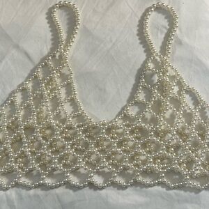 Pearl Beaded Crisscrossed Cami Pullover Ivory Crop Top